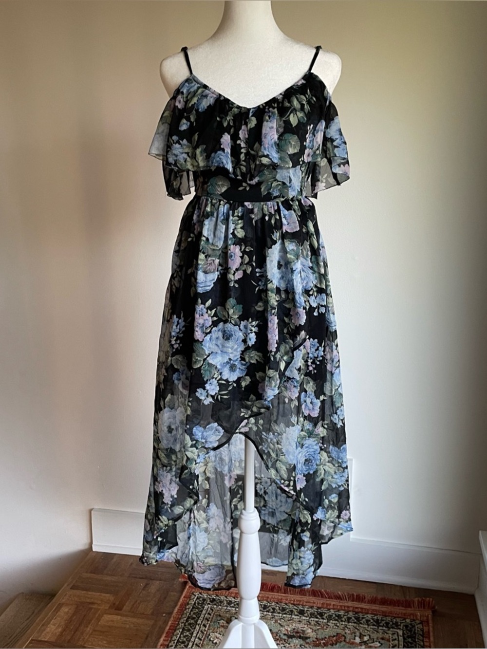 Abercrombie & Fitch Floral High Low Dress XS "Like New" Blue Black Lilac - Picture 3 of 16